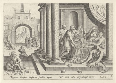 Plaga żab i komarów Historia Mojżesza przed Exodusem (tytuł serii) Historia plagarum w Aegijpto (tytuł serii) autorstwa Johann Sadeler (I)