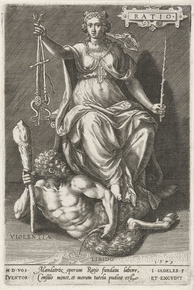 Powód (Ratio) pokonuje Violentia (Violentia) Stosunek (tytuł do obiektu) Cnoty zwyciężają wady (tytuł serii) autorstwa Johann Sadeler (I)
