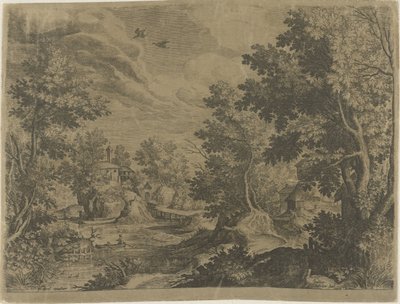Krajobraz rzeki z łodzią wiosłową autorstwa Johann Sadeler (I)