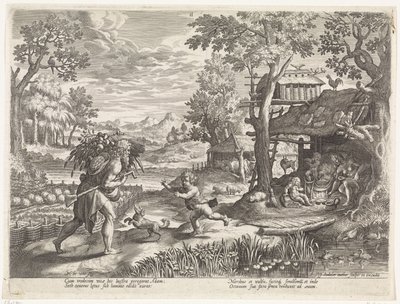 Set wita Adama wracającego z pola Historia rodziny Seta / Ocenianie dobrych i złych (tytuł serii) Bonorum et Malorum consensio (tytuł serii) autorstwa Johann Sadeler (I)