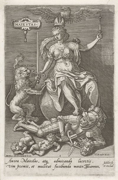 Godność (Majestas) pokonuje Tyranię (Tyrannis) Majesty (tytuł na obiekcie) Cnoty zwyciężają wady (tytuł serii) autorstwa Johann Sadeler (I)