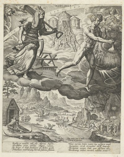 Południowy wiatr Meridie (tytuł na obiekcie) Cztery wiatry (tytuł serii) autorstwa Johann Sadeler (I)