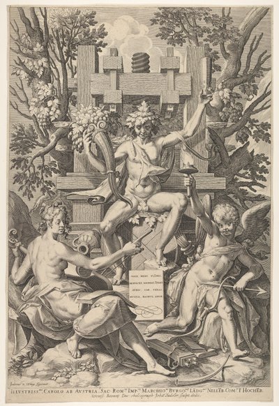 Bachus, Muzyka, Amor, 1575-1600. autorstwa Johann Sadeler I