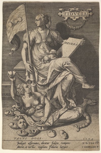 Fiducia, siedząca kobieta trzymająca księgę i sztandar, odwracając głowę od gołego..., 1579. autorstwa Johann Sadeler I