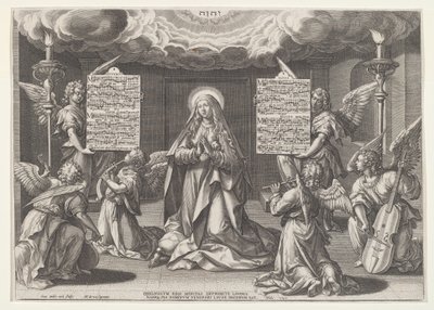 Magnificat: Dziewica otoczona przez anioły tworzące muzykę, 1585. autorstwa Johann Sadeler I