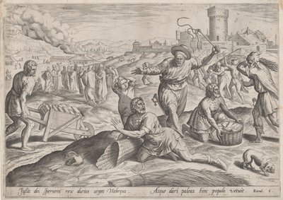 Taskmaster faraona bijącego Izraelitów, c.1585. autorstwa Johann Sadeler I