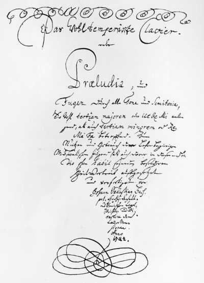 Odręcznie napisana strona tytułowa Fortepianu dobrze temperowanego, 1722 (pióro i tusz na papierze) autorstwa Johann Sebastian Bach