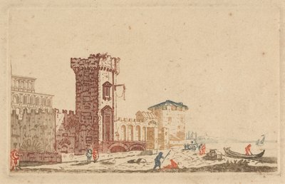 [Jeden z] sześciu kolorowych rycin zamków, ruin i pejzaży morskich autorstwa Johann Teyler