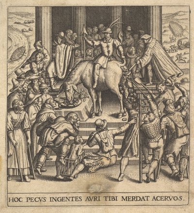 Mężczyźni zbierający łajno spadające z zadu muła, z jeźdźcem siedzącym na ba..., 1592-1614. autorstwa Johann Theodor de Bry