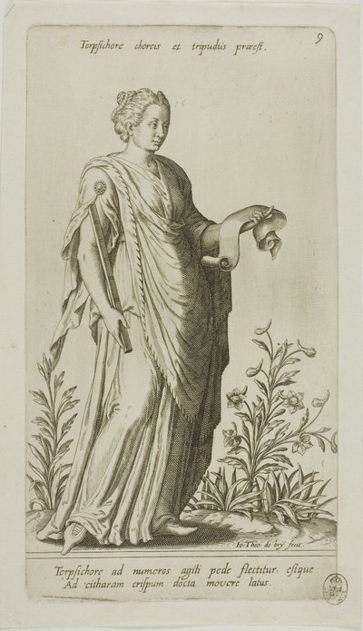 Terpsychor, muza tańca, płyta 9 z Parnassus Biceps autorstwa Johann Theodor de Bry