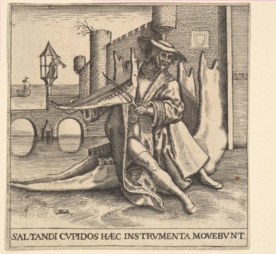 Bogacz grający na skrzypcach na kości szczęki. autorstwa Johann Theodor de Bry