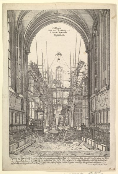 Widok odbudowanego kościoła franciszkanów w Norymberdze, z serii V....n.d. autorstwa Johann Ulrich Kraus