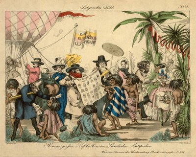 Balon na ogrzane powietrze Greena na Antypodach, ok. 1840 r. (ręcznie barwiona akwaforta) autorstwa Johann Wenzel Zinke