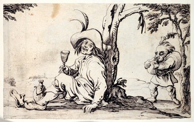 Wieśniak siedzący orzeźwiający się i krasnal z dudami (pióro i tusz na papierze) autorstwa Johann Wilhelm Baur