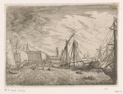 Widok na port z żaglowcami i galerami przed murem miejskim Widoki na port (tytuł serii) autorstwa Johann Wilhelm Baur