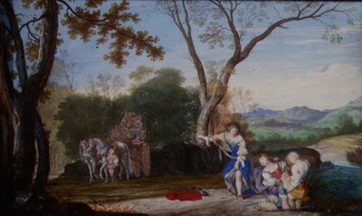 Porwanie Rinaldo (gwasz na welinie ułożony na panelu) autorstwa Johann Wilhelm Baur