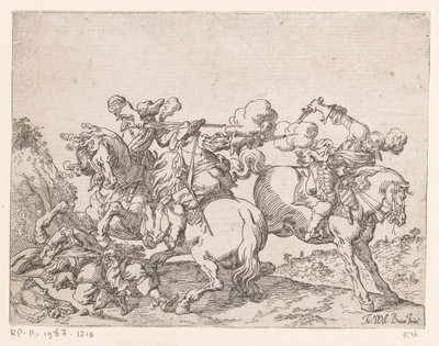 Dwóch muszkieterów na koniach strzela do jeźdźca Sceny bitewne (tytuł serii) Capricci di varie battaglie (tytuł serii) autorstwa Johann Wilhelm Baur