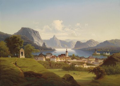 Widok Gmunden z Schloss Ort w tle, 1870 autorstwa Johann Wilhelm Jankowski