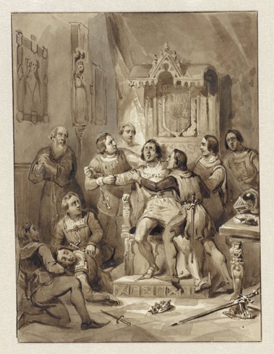 Hrabia William V oszalał i morduje Gerrita van Wateringena, 1357 autorstwa Johann Wilhelm Kaiser (I)