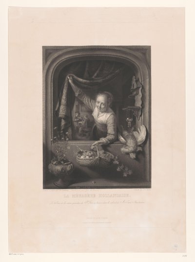 Kobieta z koszem owoców w ręku przy oknie La menagerè Hollandaise (tytuł na obiekcie) autorstwa Johann Wilhelm Kaiser (I)