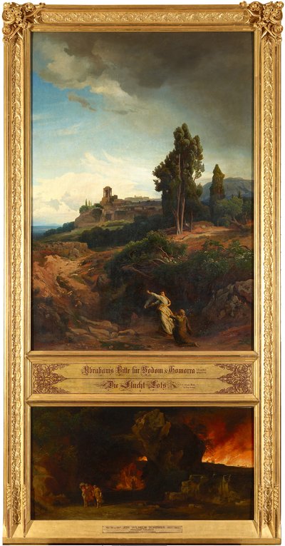Abrahams Bitte für Sodom (oben). Die Flucht Lots (unten). Aus dem Zyklus "Zwölf biblische Landschaften mit der Geschichte Abrahams" autorstwa Johann Wilhelm Schirmer