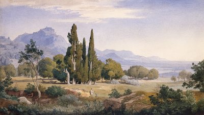Pejzaż Arkadii (ołówek i akwarela) autorstwa Johann Wilhelm Schirmer