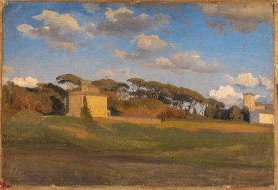 „Casina di Raffaello” i wieża widokowa w parku Villa Borghese autorstwa Johann Wilhelm Schirmer
