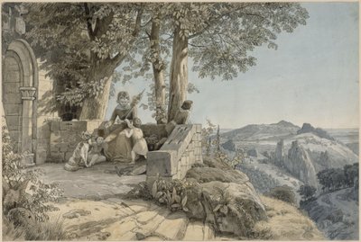 Skalisty krajobraz; na pierwszym planie młoda kobieta z trójką dzieci i psem przed romańskim portalem autorstwa Johann Wilhelm Schirmer