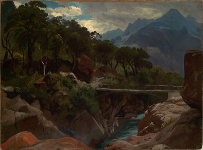 Szwajcarska rzeka górska z kładką autorstwa Johann Wilhelm Schirmer