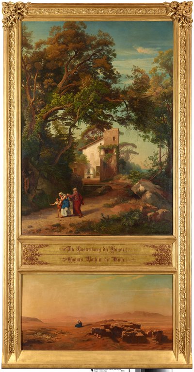 Wypędzenie Hagar (u góry). Hagar na pustyni (u dołu). Z cyklu „Dwanaście biblijnych pejzaży przedstawiających historię Abrahama” autorstwa Johann Wilhelm Schirmer