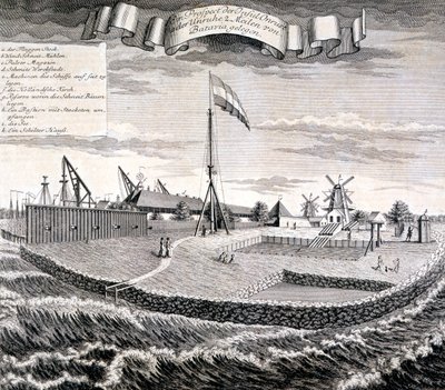 Holenderska Kompania Wschodnioindyjska drewno lub tartak na wyspie dwie mile od Batavia, pub. 1744. autorstwa Johann Wolfgang Heydt