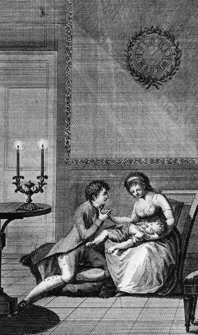 Aurelia pocieszana przez Wilhelma Meistera, ilustracja do Praktyki Wilhelma Meistera, powieść Johanna Wolfganga von Goethego (1749-1832), rycina z wydania paryskiego wydanego w 1802 r. autorstwa Johann Wolfgang von Goethe