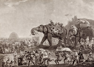 Ambasada Hyderbeck do Kalkuty, od wezyra z Oude, drogą Patna, w roku 1788, aby spotkać się z Lordem Cornwallis, pub.c. 1800 (mezzotinta) autorstwa Johan Joseph Zoffany