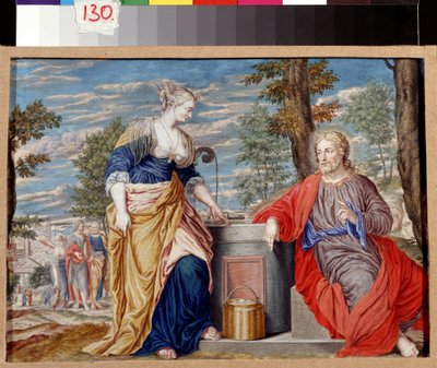 Chrystus i Samarytanka przy studni Jakuba. Chrystus i Samarytanka przy Studni Jakuba. Obraz Johannesa Koeniga (1586-1632/1635). Sztuka niemiecka, styl barokowy. Gwasz na pergaminie. Muzeum Sztuk Pięknych im. Puszkina w Moskwie. autorstwa Johann or Hans Konig