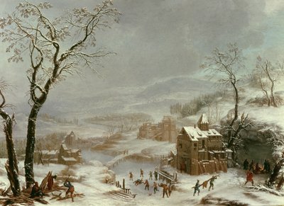 Zimowa scena w pobliżu rzeki Flustal autorstwa Johann the Yngr. Dallinger von Dalling