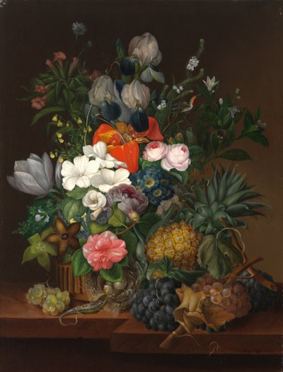 Martwa natura z jaszczurką i kwiatami - Johanna (Jenny) Salm-Reifferscheidt (z domu Comtesse Pachtova) (1780-1857). olej na płótnie autorstwa Johanna Salm Reifferscheidt