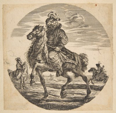 Jeździec węgierski jadący w lewo, inni jeźdźcy w tle, kolisty c....n.d. autorstwa Johanna Christina Küsel