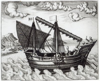 Chińska dżonka, ilustracja z „Jan Huyghen van Linschoten, Jego dyskurs podróży do Indii Wschodnich i Zachodnich”, 1579-92 autorstwa Johannes Baptista van Doetechum the Younger