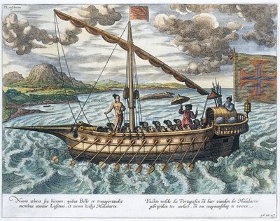 Fusta, ilustracja z „Jan Huyghen van Linschoten, Jego dyskurs podróży do Indii Wschodnich i Zachodnich”, 1579-92 autorstwa Johannes Baptista van Doetechum the Younger