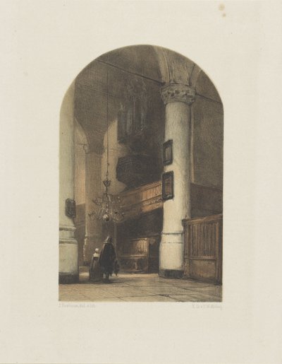 Wnętrze kościoła z dwiema figurami i organami autorstwa Johannes Bosboom
