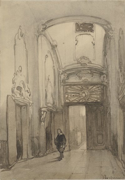 Rokokowy portal w ratuszu w Hadze z mężczyzną w XVII-wiecznym stroju autorstwa Johannes Bosboom