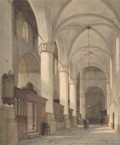 Sklepiona nawa boczna kościoła z figurami, XIX w. autorstwa Johannes Bosboom
