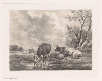 Dwie krowy i owce nad wodą autorstwa Johannes Christiaan d