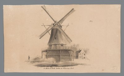 Widok na wiatrak De Vink poza Weteringpoort Wiatrak de Vink poza Wetering Poort (tytuł na obiekcie) autorstwa Johannes Cornelis van Pappelendam