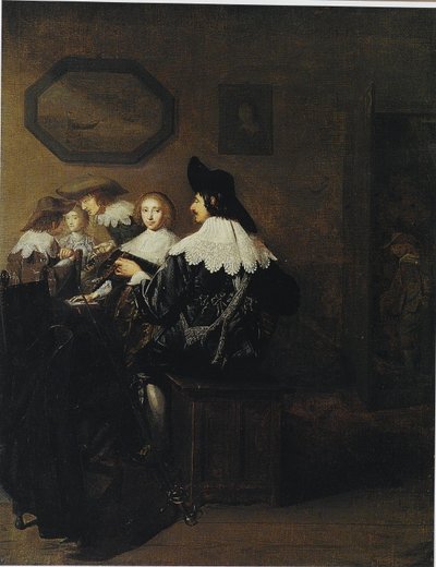 Firma z mężczyzną grającym na lutni, siedzącym przy stole autorstwa Johannes Cornelisz Verspronck