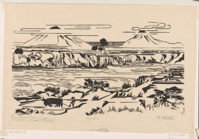 Krajobraz, Jawa Środkowa: Merbaboe, Merapi, rzeka Ello (oryginalny tytuł na obiekcie) autorstwa Johannes Frederik Engelbert ten Klooster (signed by artist)
