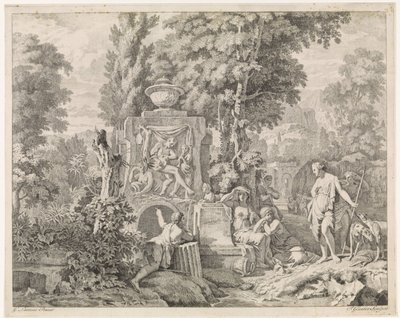 Krajobraz z fontanną oraz Dianą i jej nimfami Przedstawienia biblijne, mitologiczne i alegoryczne (tytuł serii) autorstwa Johannes Glauber