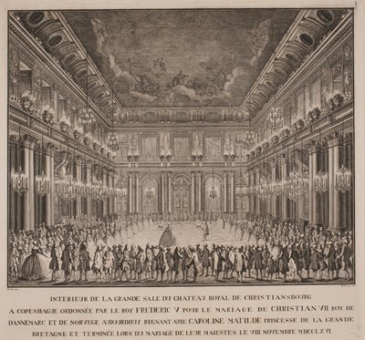 Bal dworski w sali rycerskiej Christiansborga na ślubie Christiana VII z Caroline Mathilde autorstwa Johannes Gottfred Bradt