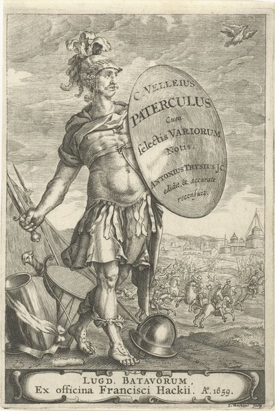 Romeinse krijgsman voor een slagveld Titelpagina voor Caius Velleius Paterculus cum Selectis Variorum Notis, 1659 autorstwa Johannes Hackius