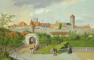 Widok na Małą Bramę Wybrzeża z Hattorpe i Wieżami Stoltowymi, Tallin, gwasz na tekturze) autorstwa Johannes Hau
